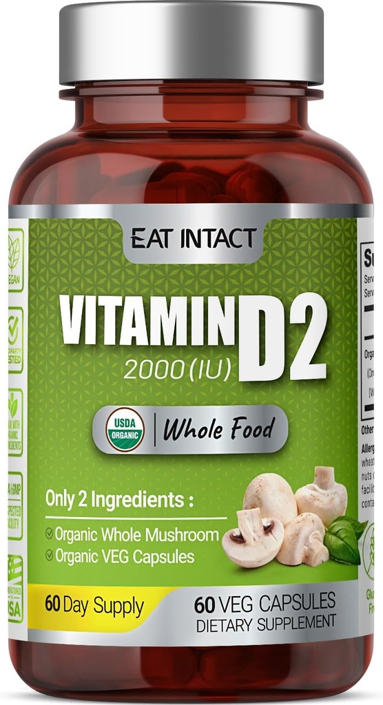 Vegan Whole Food Vitamin D, 2000 IE (50 mcg), D2, två ingredienser (Organic Whole Mushroom och Organic Veganic Capsule), Non-GMO, Third Party Tested, 60 Day Supply