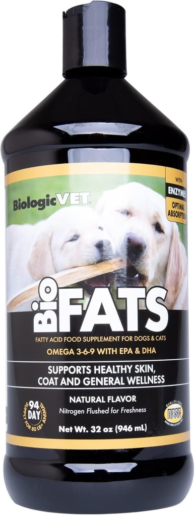 BiologicVET BioFATS - Innehåller Omegas 3, 6 & 9 - med EPA, DHA & ALA - för hund & katt - Skin & Joint Health Support - Inkluderar fisk, Flaxseed & Olive Oil - 32 fl. oz.