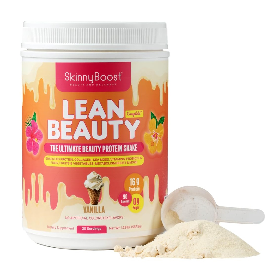 Lean Beauty Collagen Protein Shake - Vanilla | Meal Replacement Powder med Grass-Fed Whey, Hydrolyzed Collagen, Vitaminer, Fiber & Beauty Nutrients | Stöder hår, hud och naglar | Sugar-Free, All-Natural, 20 portioner