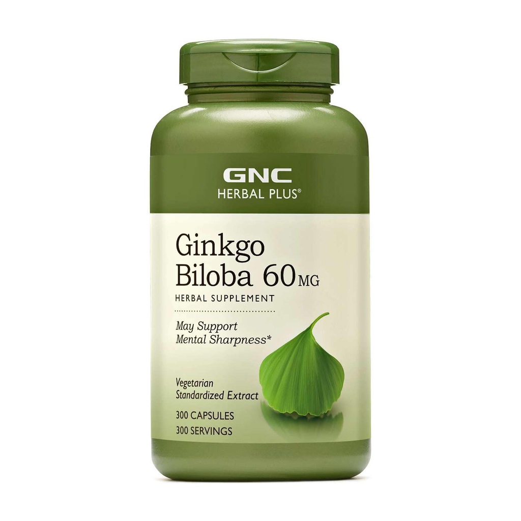 GNC Herbal Plus Ginkgo Biloba 60mg Supplement, Vegetarian, stöder mental skärpa, 300 portioner