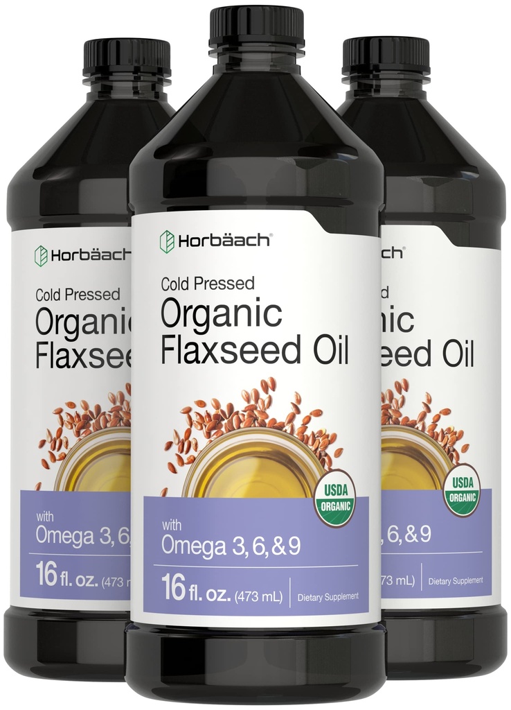 Horbäach Organic Flaxseed Oil | 3 Pack | 16 fl oz Varje | Cold Pressed | med Omega 3, 6, 9 | Vegetarisk, icke-GMO, Gluten Free Liquid
