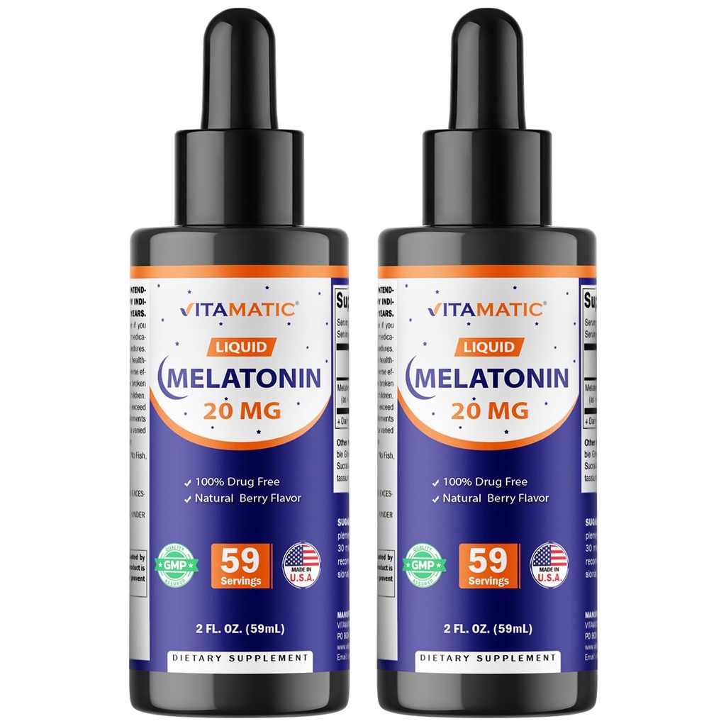 Vitamatic 2-Pack Melatonin 20mg Liquid Drops - 2 fl oz (59 ml) Varje - Naturlig Berry smak - Non-GMO, Vegetarian Supplement för vuxna