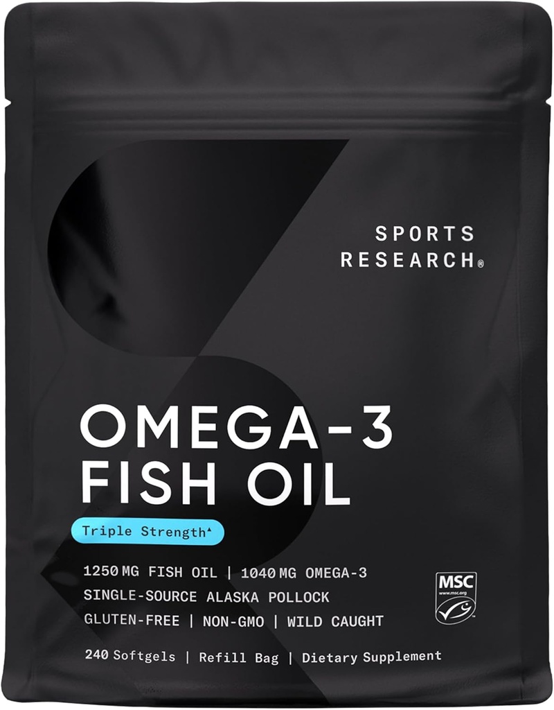 Sportforskning Triple Strength Omega 3 Fish Oil - Burpless Fish Oil Supplement w / EPA & DHA Fatty Acids från Wild Alaskan Pollock - Hjärta, hjärna och immunstöd för män och kvinnor - 1250 mg, 240 ct