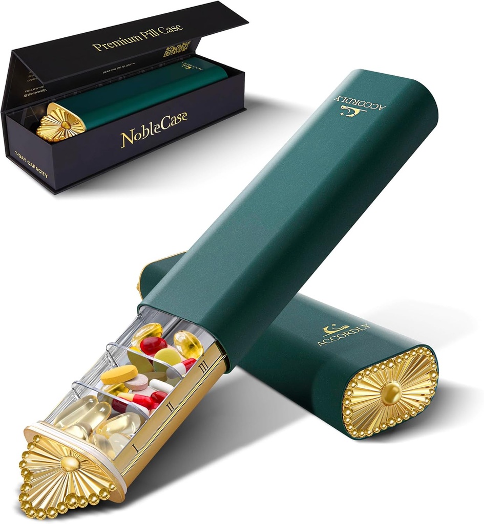 Premium Weekly Pill Organizer, 7-Day Compact Pill Case för handväska, lätt guld Aluminium Pill Box för vitaminer, medicin, kosttillskott, lyx Wellness Gift