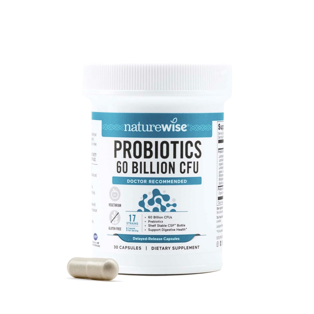 NatureWise Probiotics 60 Billion CFU - 17 Strains + Organic Prebiotics - Immune, Digestive & Gut Health Support for Women & Men - Vegetarian, Gluten-Free, Non-GMO - 30 Capsules[1-Month Supply]