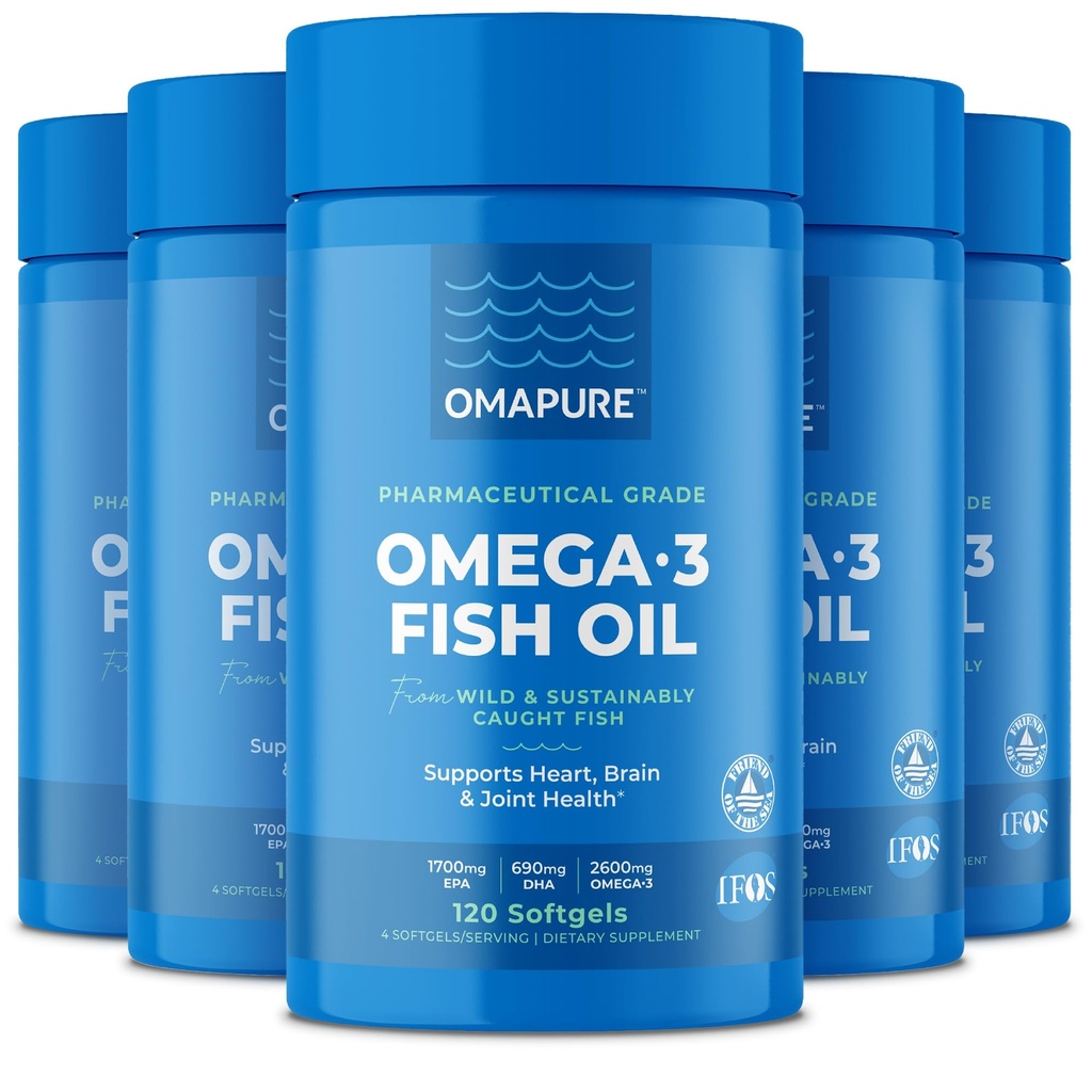 Fiskoljetillskott med Omega 3 fettsyror (5 flaska, 120 Softgels) - Hög EPA, DHA och IFOS Fiskoljepiller Stöd Hjärta & Gemensam Hälsa - Burpless Fish Oil främjar hjärnfunktion