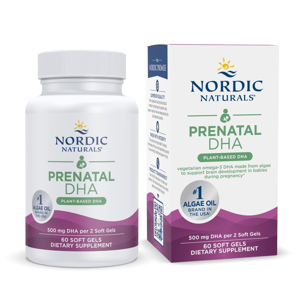 Nordic Naturals Vegan Prenatal DHA, Unflavored - 60 Soft Gels - 500 mg Plant-Based DHA - Stöder hjärnutveckling hos barn & hälsosam graviditet - Icke-GMO - 30 portioner
