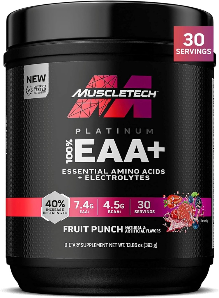 MuscleTech Platinum Essential Amino Acids Supplement med elektrolyter, Fruit Punch - Pre-Workout Powder för energi, muskeltillväxt och styrkabyggare - EAA Complex för män och kvinnor - 30 portioner
