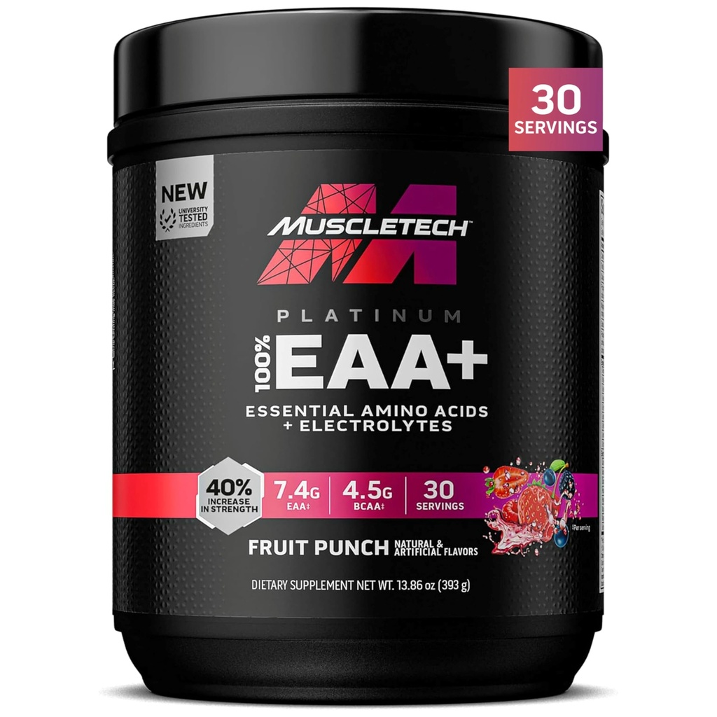 MuscleTech Platinum Essential Amino Acids Supplement med elektrolyter, Fruit Punch - Pre-Workout Powder för energi, muskeltillväxt och styrkabyggare - EAA Complex för män och kvinnor - 30 portioner
