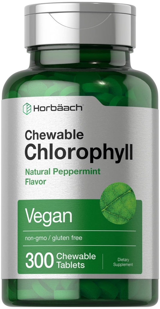 Horbäach klorofyll piller | 300 tuggbara tabletter | Naturpepparmint smak | Vegan, icke-GMO & Gluten fri tillägg