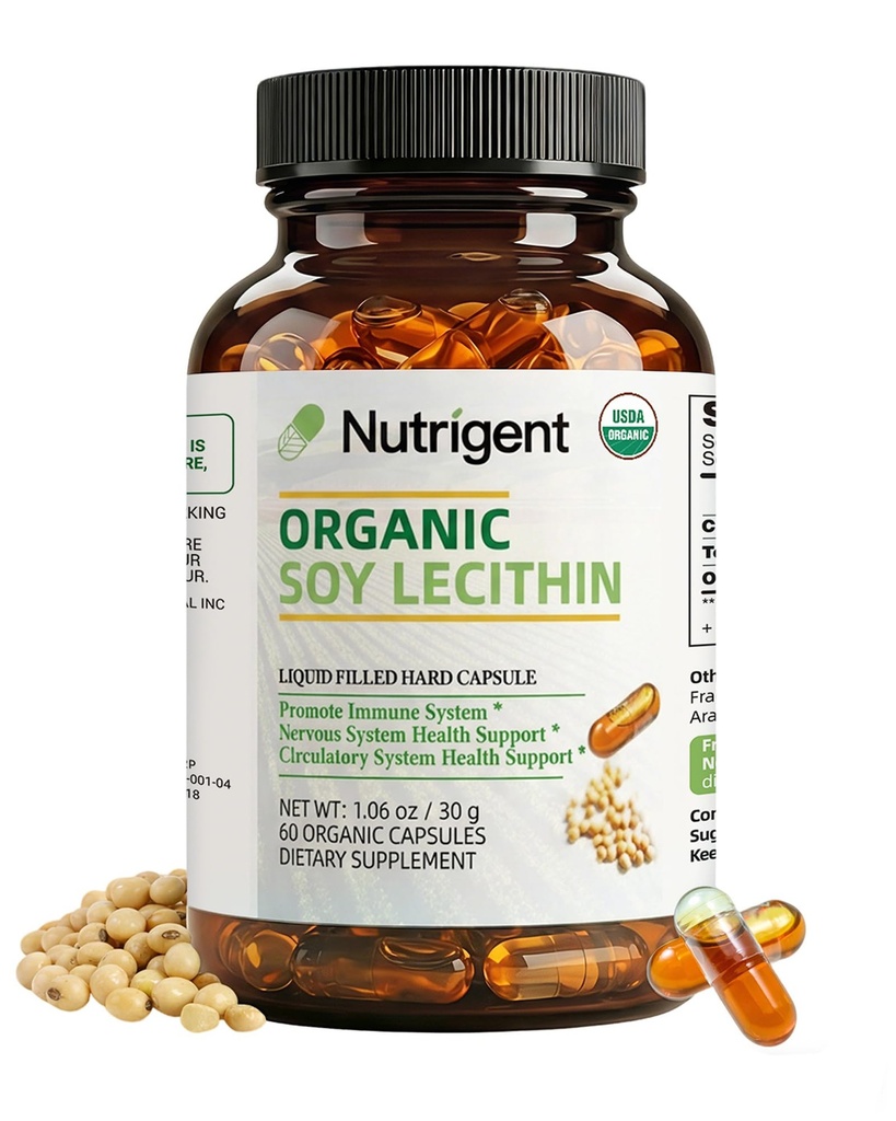 USDA Organic Soy Lecithin Supplement 800 mg, High Absorption Liquid Organic Capsules, Choline Lecithin Supplement för Brain & Liver Health Support, Non-GMO, Gluten Free, 60 Count