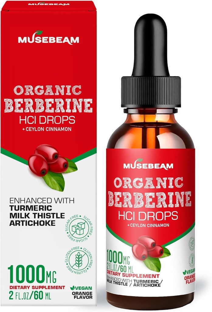 Organic Berberine HCl 1000mg Liquid Drops - med Ceylon Cinnamon Turmeric Milk Thistle Artichoke - High Bioavailability Supplement for Men Women - Vegan Sugar Free Gluten Free 2fl. oz (60ml)