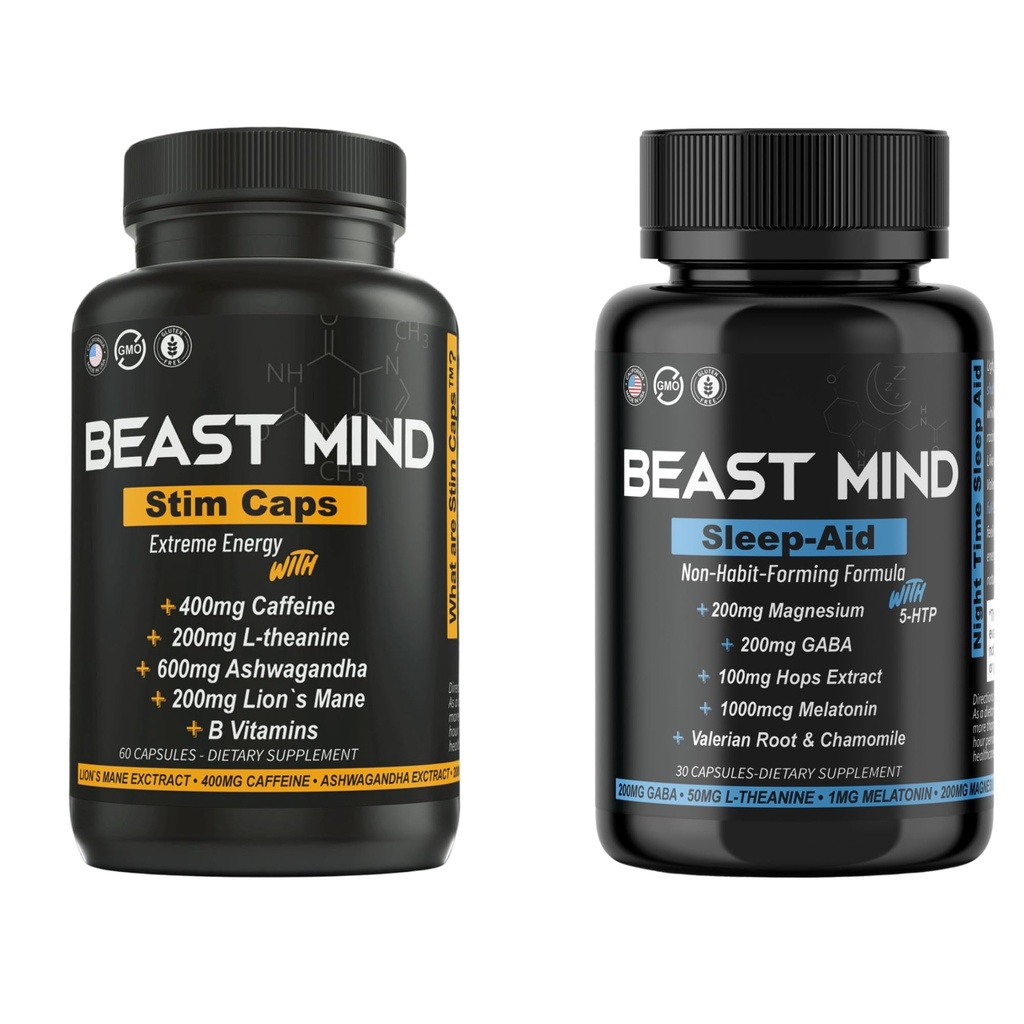 Dag & natt Energi Med Sleep Aid Bundle | 400mg Koffein | 600mg Ashwagandha | 200mg Lions Mane | Ökad energi & Fokus & Mood Sleep Aid med GABA, Valerian Root, Chamomile, Melatonin, Magnesium