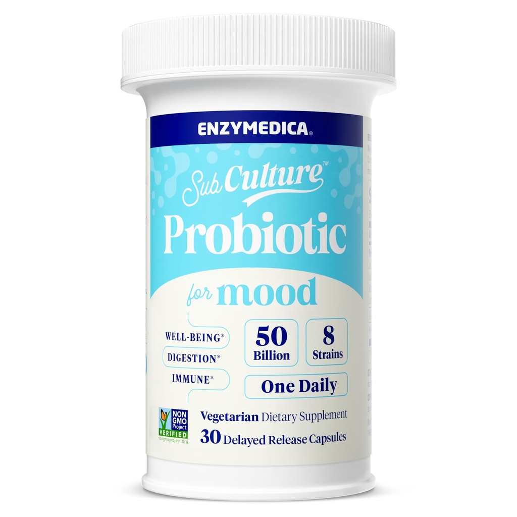 Enzymedica SubCulture Probiotics for Mood, Stress, & Sleep, 50 Billion CFU, främjar avkoppling, immun + Digestive Health & Regularity, 30 Count