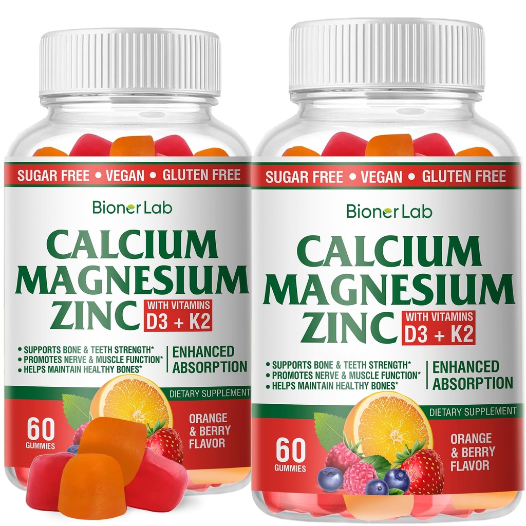 BionerLab Calcium Magnesium Zink Gummies med vitamin D3 & K2 - Hög styrka förbättrad absorption - Orange och Berry smaksatt