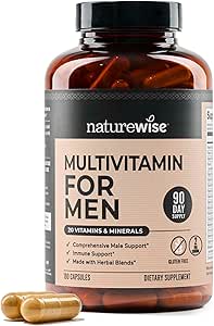 NatureWise Multivitamin för Män - Dagligt manligt stöd - Mineraler och örter för energi, prestanda, immunitet - med vitamin A, C, D, B-Complex - Soy & Gluten-Free, Non-GMO - 180 kapslar[3-månaders leverans]