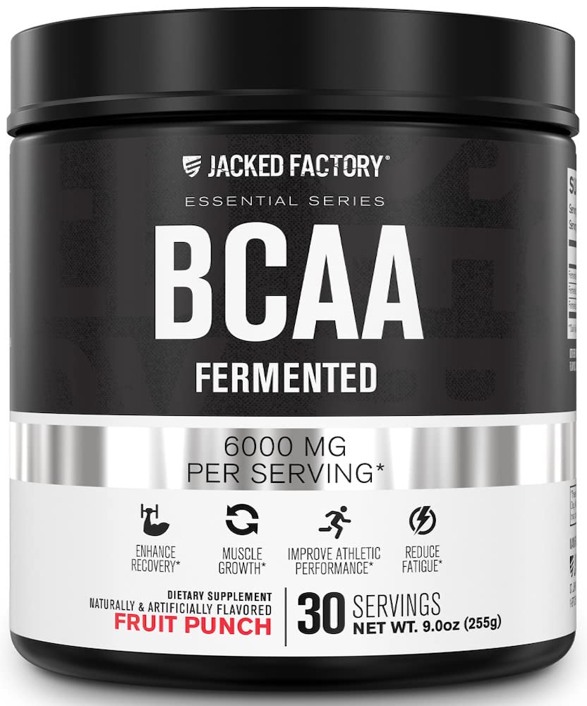 Jacked Factory BCAA Powder (Fermented) - 6g Branched Chain Essential Amino Acid Supplement för förbättrad muskelåterställning, minskad trötthet, ökad styrka, muskeltillväxt - 30 portioner, fruktpunch