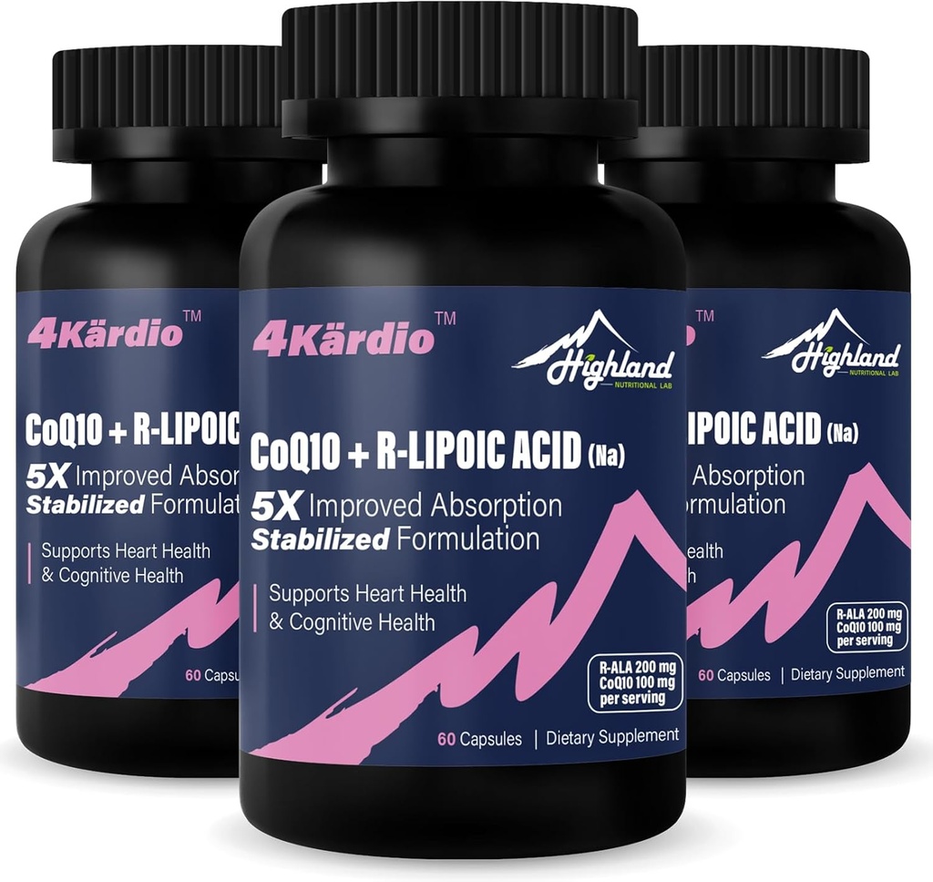 CoQ10 100mg + R-Lipoic Acid 200mg per servering, 3 månaders leverans, upp till 5X förbättrad absorption, R-Lipoic Acid / CoQ10 Supplement för hjärthälsa och kognitiv hälsa-180 kapslar