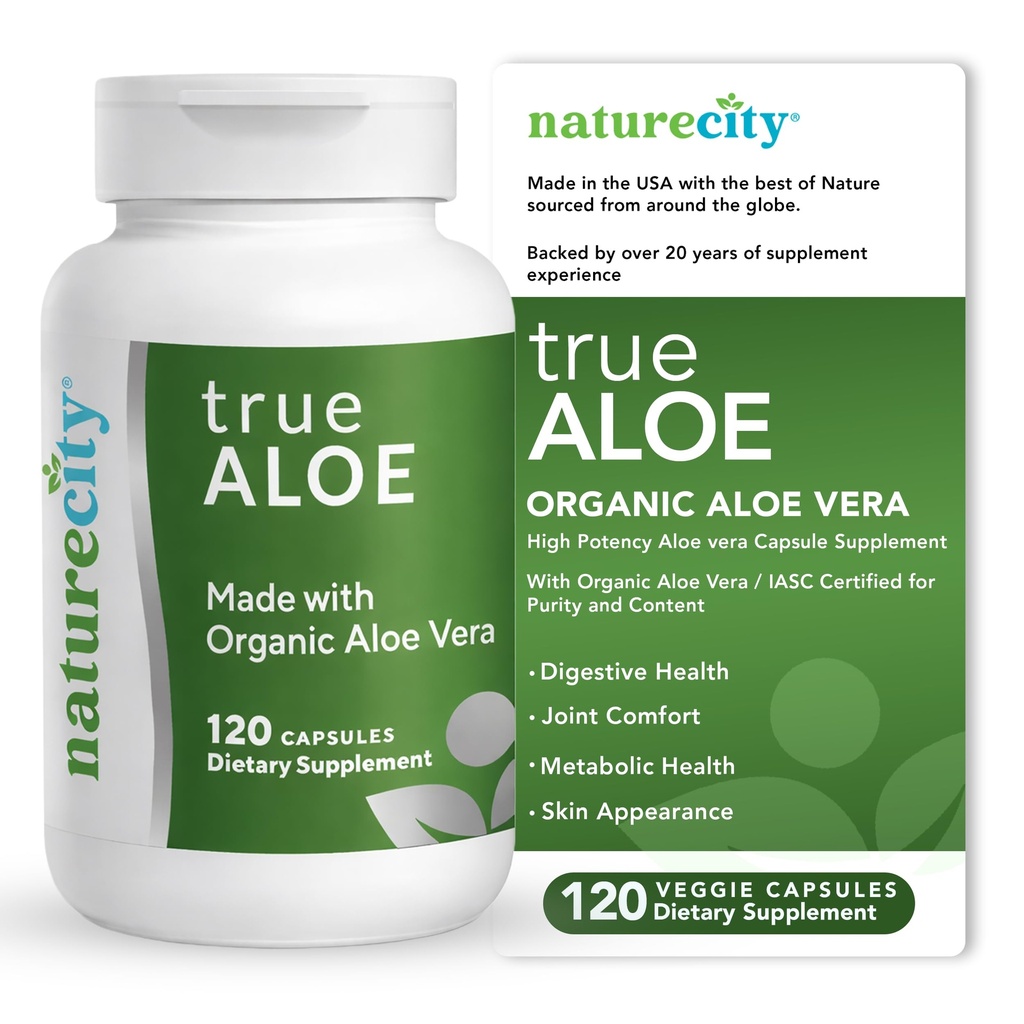 NatureCity True-Aloe Gut Health Support - 80.000mg Aloe Vera Gel Equivalent Per Serving - Organisk Aloe Vera (120 kapslar) för Digestive, Skin & Joint Support | Små lätta att svälja piller