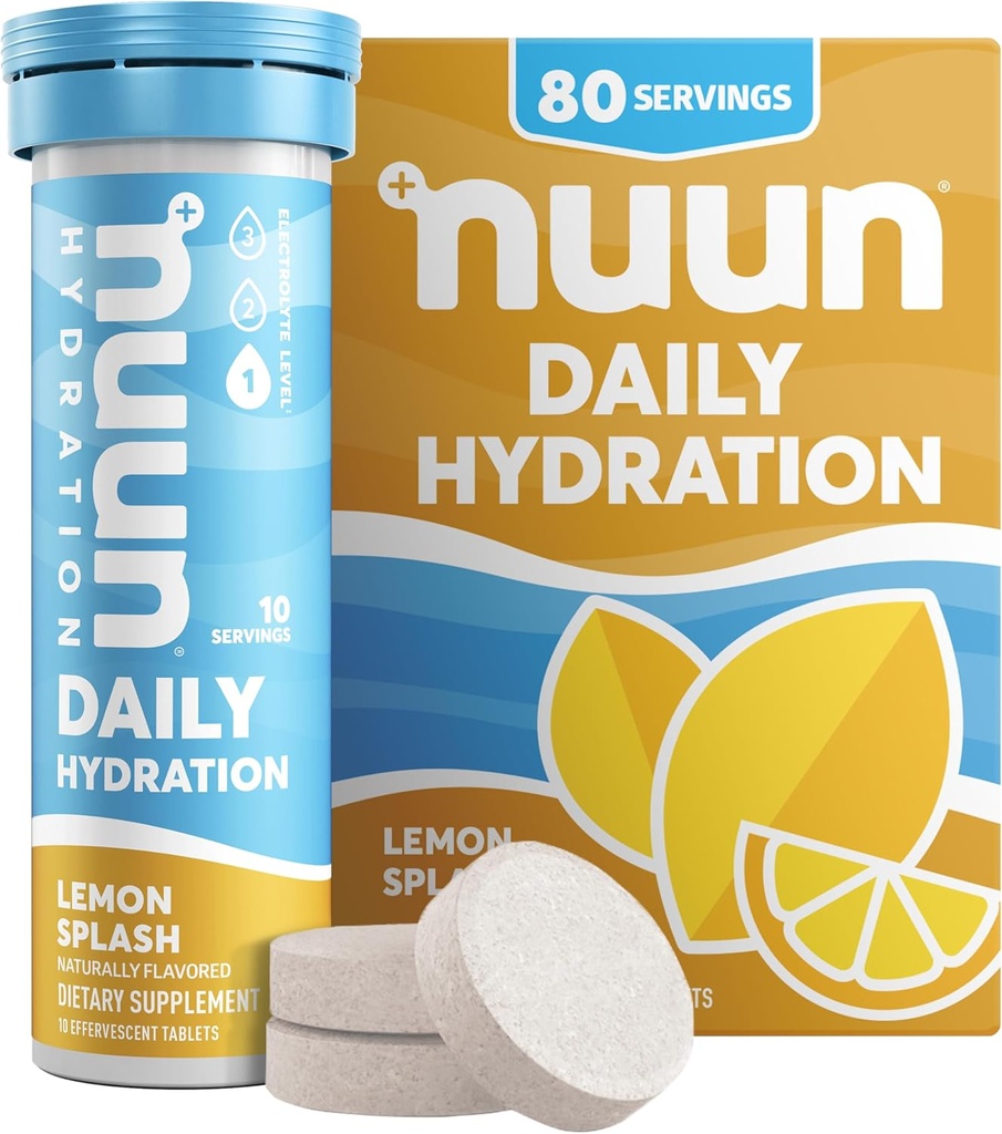 Nuun Daily Electrolyte tabletter med magnesium, kalcium, kalium, klorid och natrium, glutenfri, sockerfri och vegan, citronsplash smak, 8 pack (80 portioner totalt)