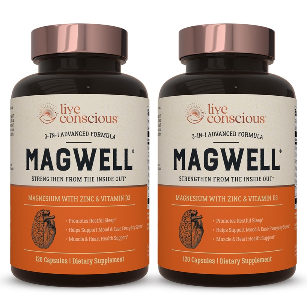Live Conscious Magnesium Zink & Vitamin D3 - Biotillgängliga former av Magnesium - Malate, Glycinate, Citrate - MagWell Bone & Heart Health, Immune System Support - 120 kapslar (2-Pack)