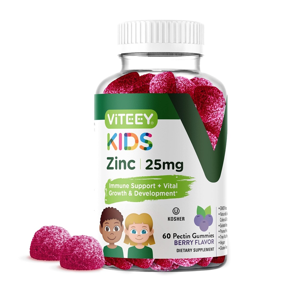 Viteey Zink för barn Gummies, 25mg - Immune Support - Kraftfull naturlig antioxidant, barn Zink Vitamin Supplement - Vegan, Gelatin Free, Gluten Free - Tasty Chewable Berry Flavor Gummy