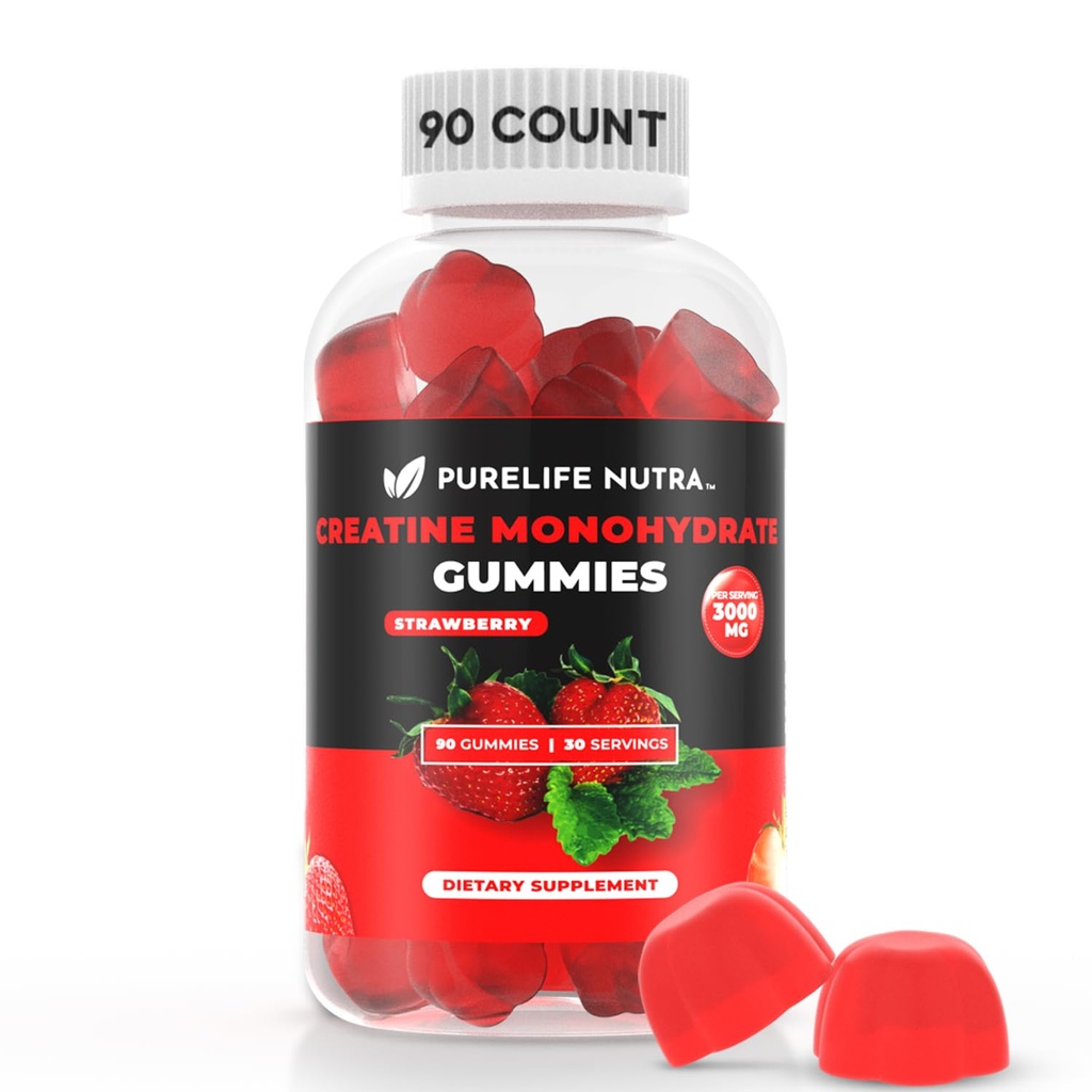 Kreatinmonohydrat Gummies - 3g Servering, Sugar Free, 90 greve, icke-GMO, designad för män och kvinnor, Gluten Free, Non Bloating - Vegan, Halal, Kosher. (90 enheter, jordgubbar)