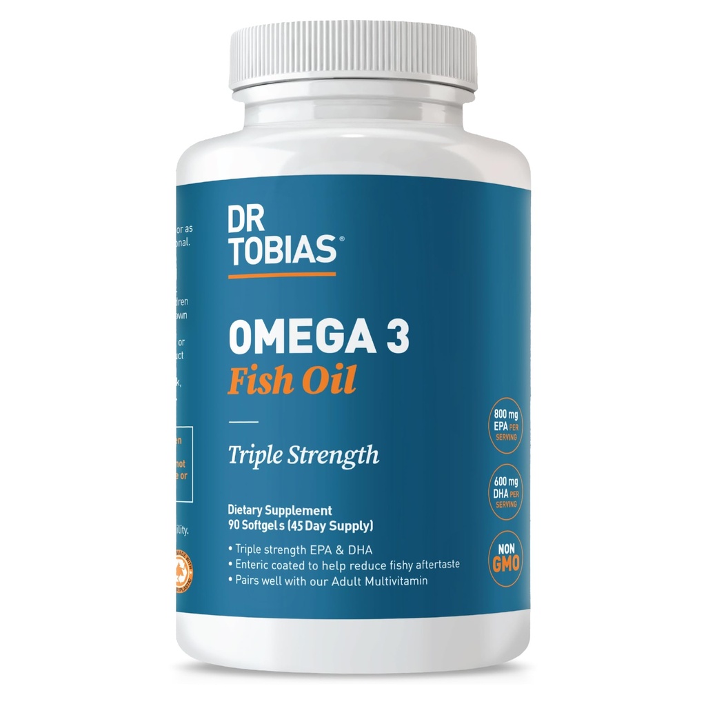 Dr Tobias Omega 3 Fish Oil, 2000mg Triple Strength med 800mg EPA 600mg DHA Per Servering, Fish Oil Omega 3 Supplements for Heart, Brain & Immune Support, 90 Softgels, 45 Servings