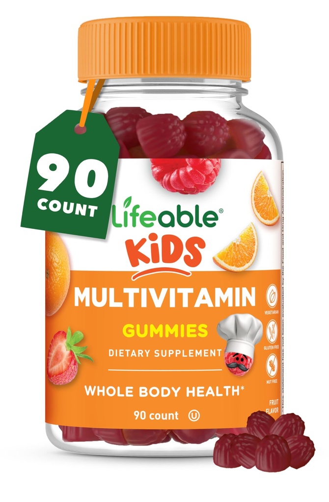 Livliga barn Multivitamin Gummies | Stor smak multivitamin för barn | med vitamin A, C, D, E, B6, B12, Zink, Biotin, folsyra, jod, Niacin | för Total Body Health | 90 Gummies