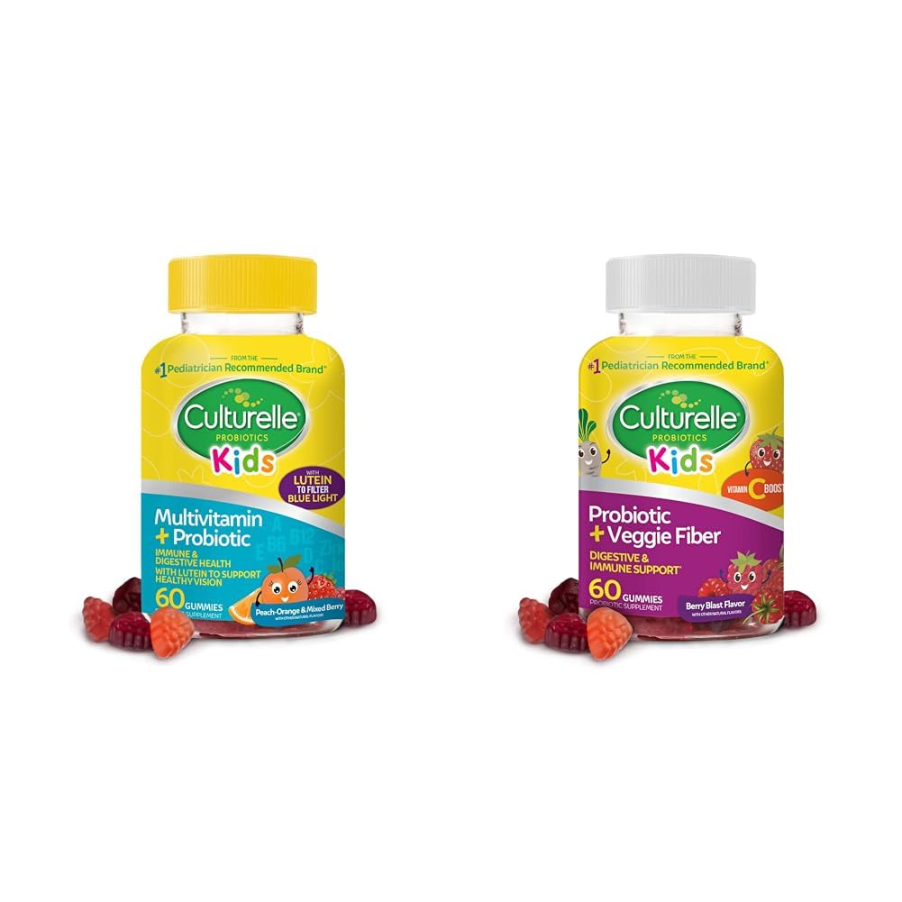 Culturelle Kids Probiotic Gummies for Ages 2+ - Peach-Orange & Mixed Berry Flavors & Daily Probiotic for Kids + Veggie Fiber Gummies (Ages 3+) - 60 Count - Digestive