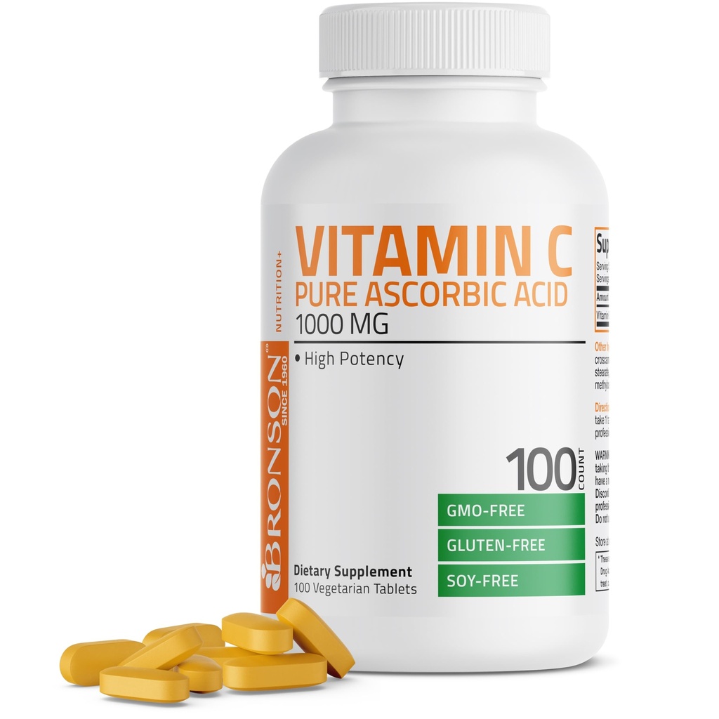 Bronson Vitamin C 1000mg Premium Non-GMO Ascorbic Acid tabletter, 100 greve