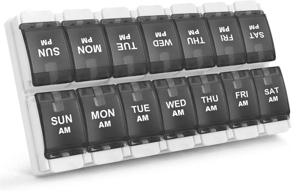 Sukuos AM PM Weekly 7 Day Pill Organizer, 2 Times A Day Pill Box med artrit Friendly Push Button, Medicine Cases för vitamin / fiskolja / tillägg, lätt att rengöra (svart)