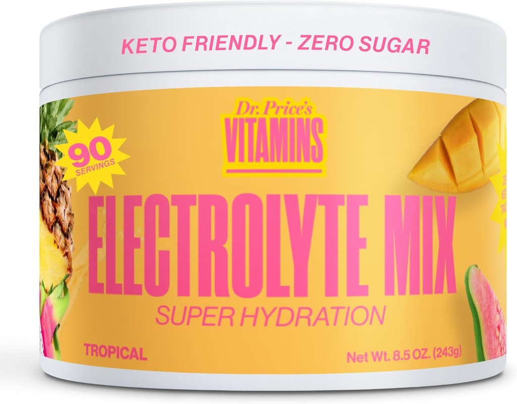 Dr. Price's Electrolyte Mix | Sugar-Free Hydration Powder med 72+ Trace Minerals | No Sugar, Fast-Dissolving Electrolytes Powder Packets | Tropiska, 90 portioner