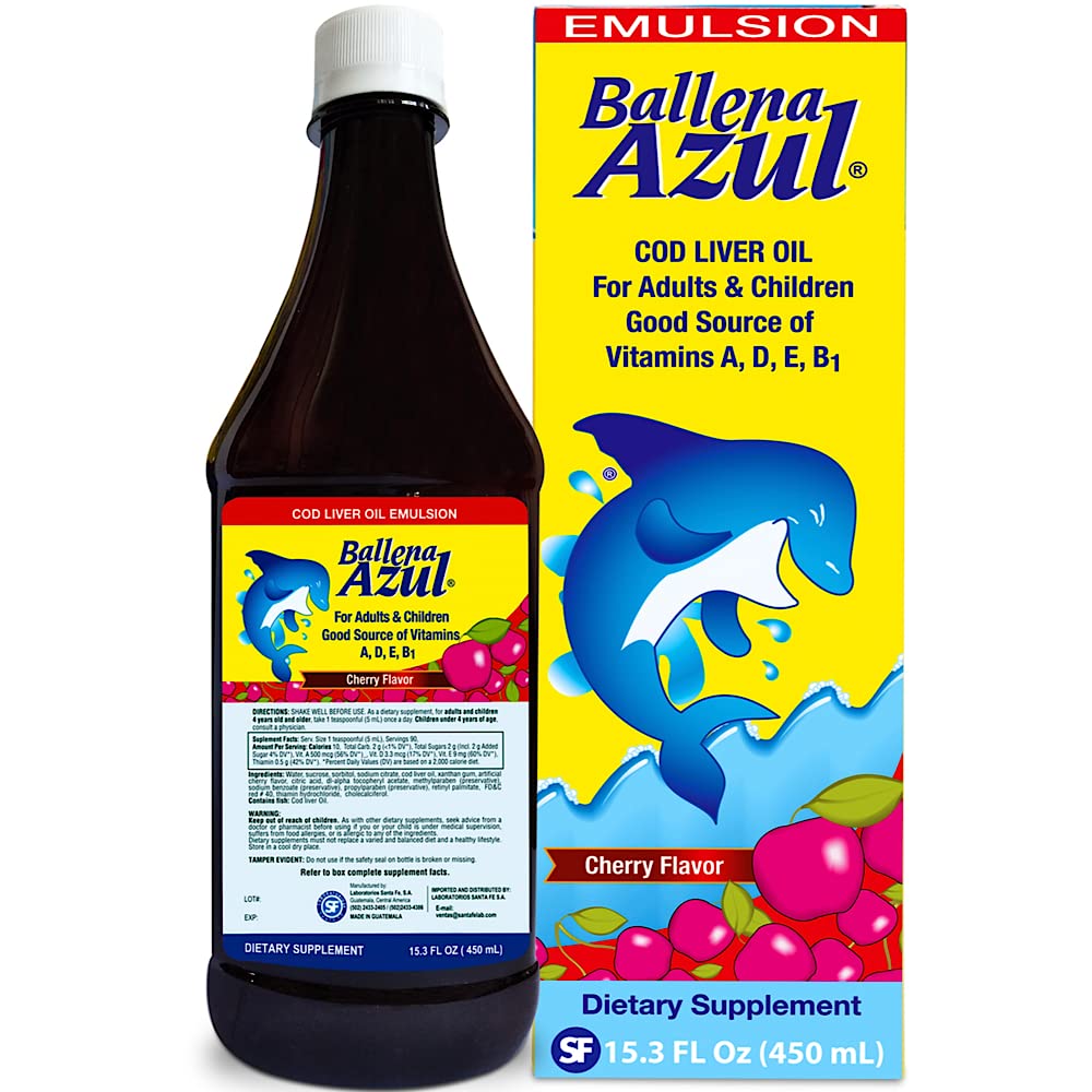 Ballena Azul Aceite de Hígado de Bacalao para Adultos y Niños, COD Liver Oil för vuxna och barn, vitamin A,D, E, B1, Dietary Supplement, Omega 3, Inmune System Boost, Cherry (Cherry 15 OZ)