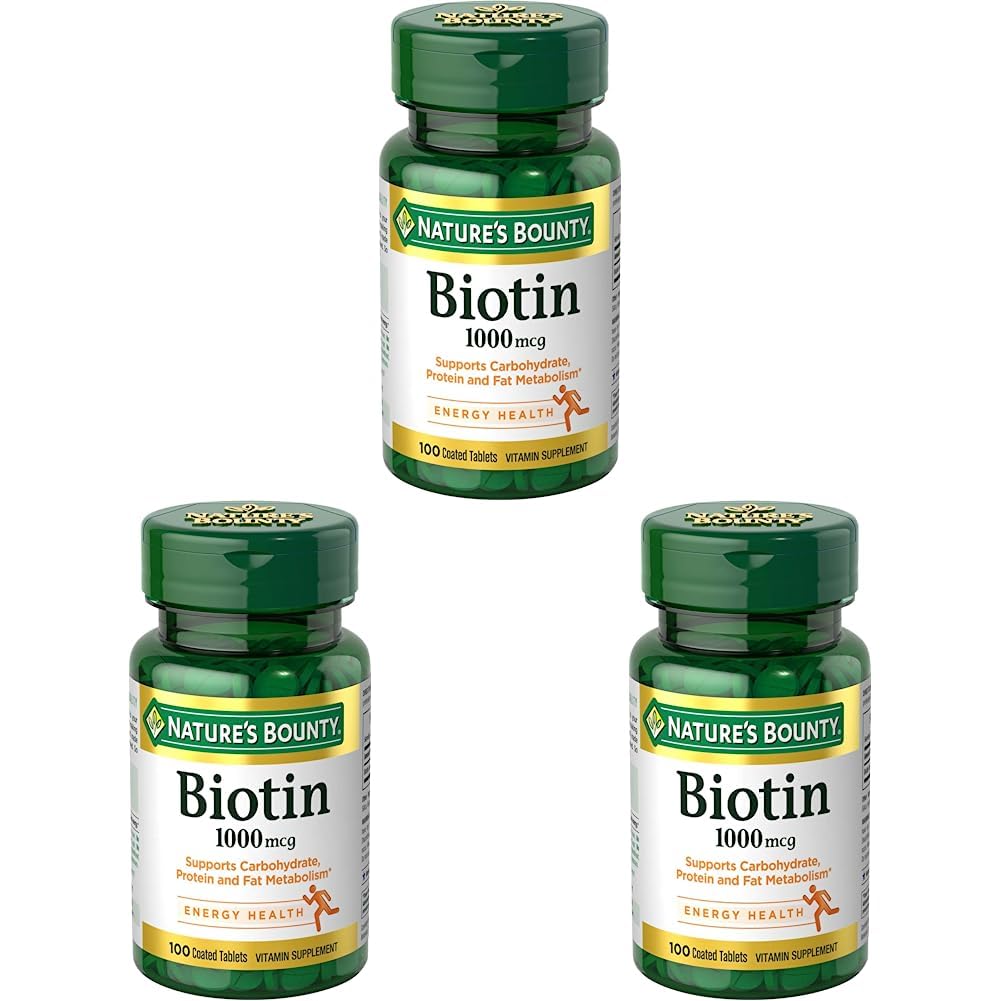 Naturens Bounty Biotin, vitamintillskott, stöder metabolism för cellulär energi och hälsosamt hår, hud och naglar, 1000 mcg, 100 tabletter (Pack of 3)