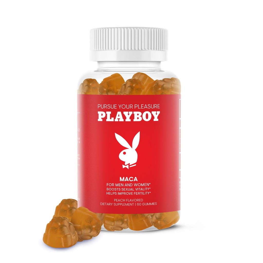 Playboy - Maca Root Gummies för kvinnor och män (60 greve - Peach smaksatt) - Boost Sexual Vitality, Libido, fertilitet - Maca Gummies Supplement - 100% naturlig, Vegan Non GMO - 4:1 Extract Maca Peruana