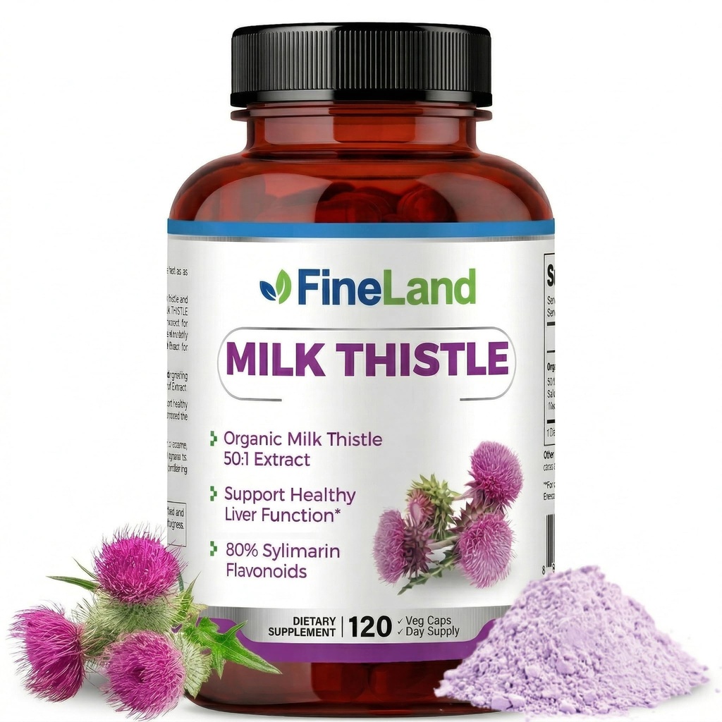 FineLand Milk Thistle Pills 50:1 Extract - 120 Vegan Capsules - 20.000 mg Stärks med 80% Silymarin Flavonoids - Lever & Antioxidant Support | 50X Koncentrerad utsäde Extract - Non-GMO, Made in USA