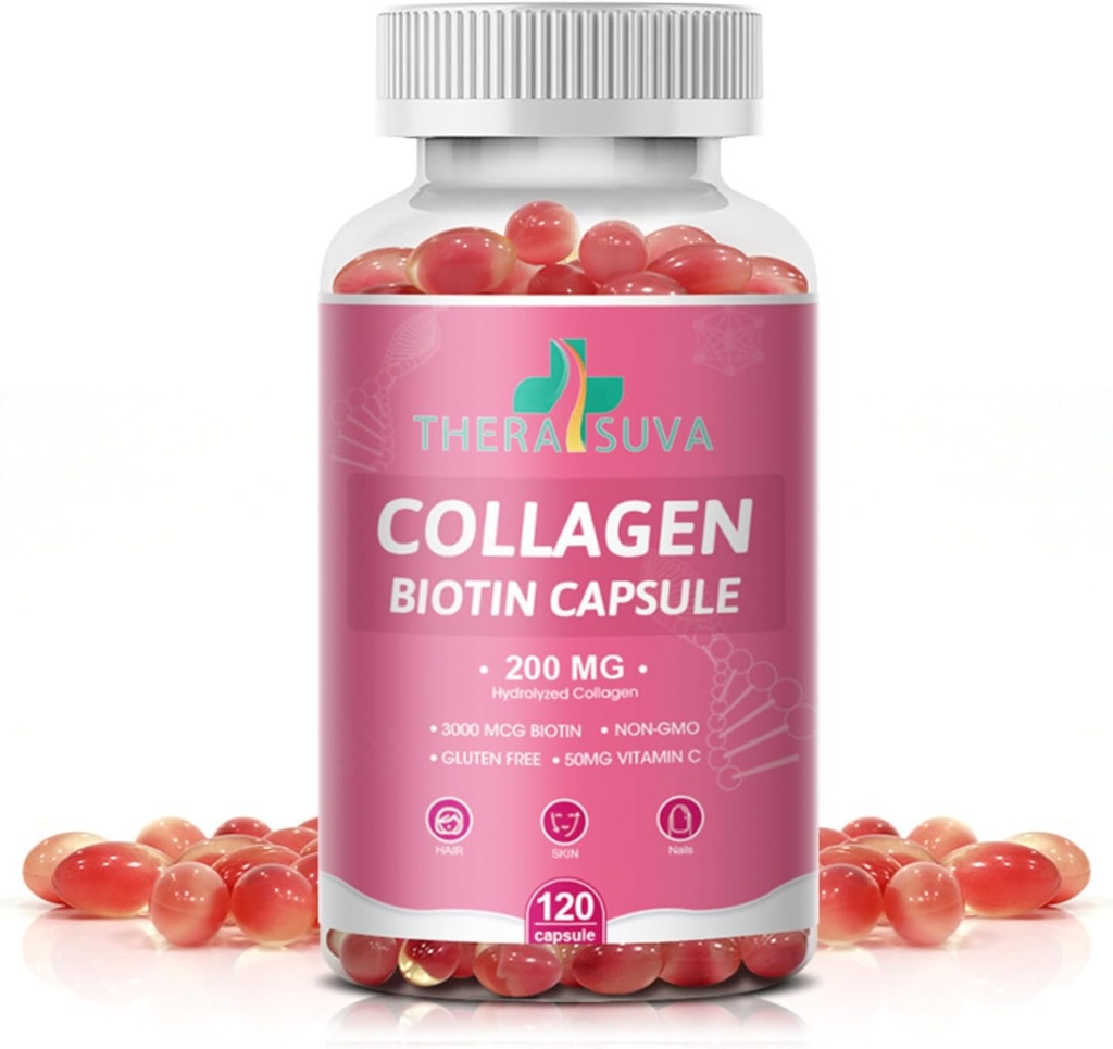 Multi Collagen Complex 200MG + Biotin 3000MCG + Vitamin C 50MG - Främjar hälsosamt hår, vacker hud och nagelstöd! 120 kapslar, 60 dagars leverans