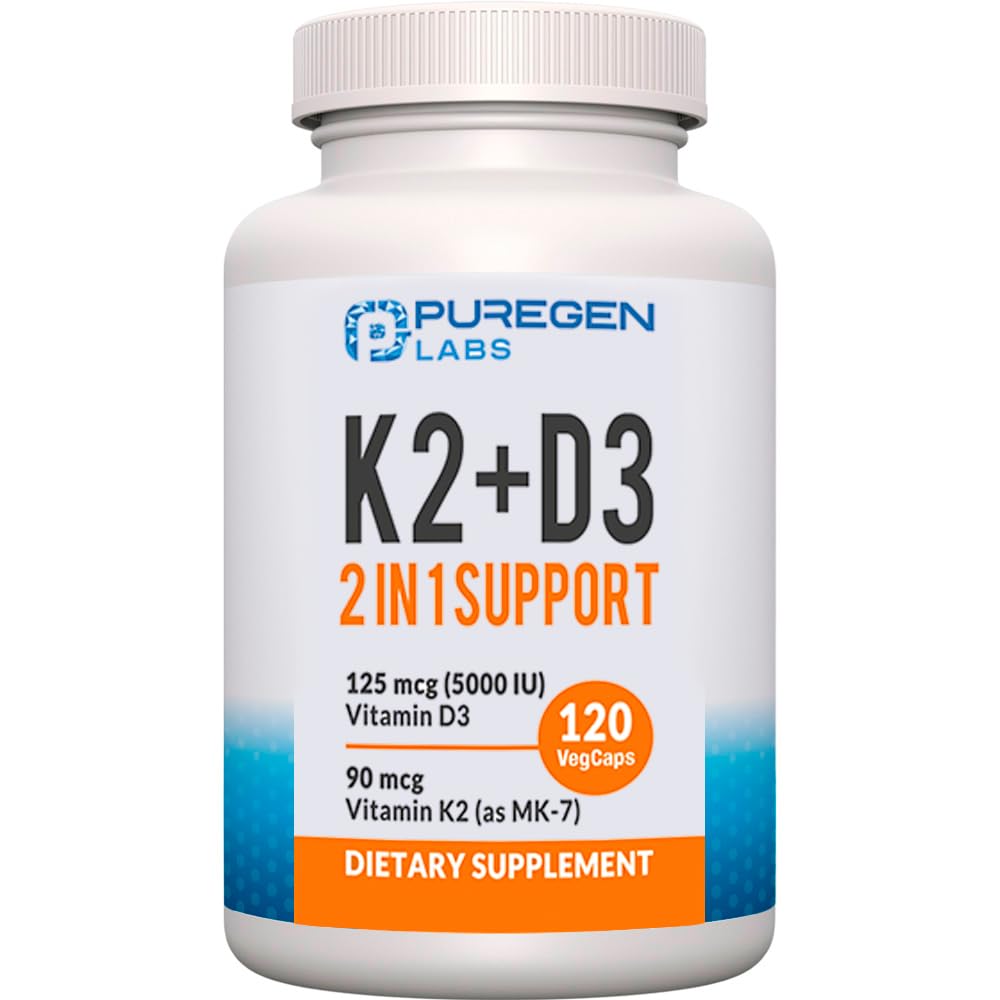 2 i 1 High Potency Formel 90mcg Vitamin K2 (MK7) och 5000 IE Vitamin D3 Supplement I icke-GMO Formel, Lätt att Svälja Vitamin D & K Complex, 120 kapslar I 4-månaders leverans