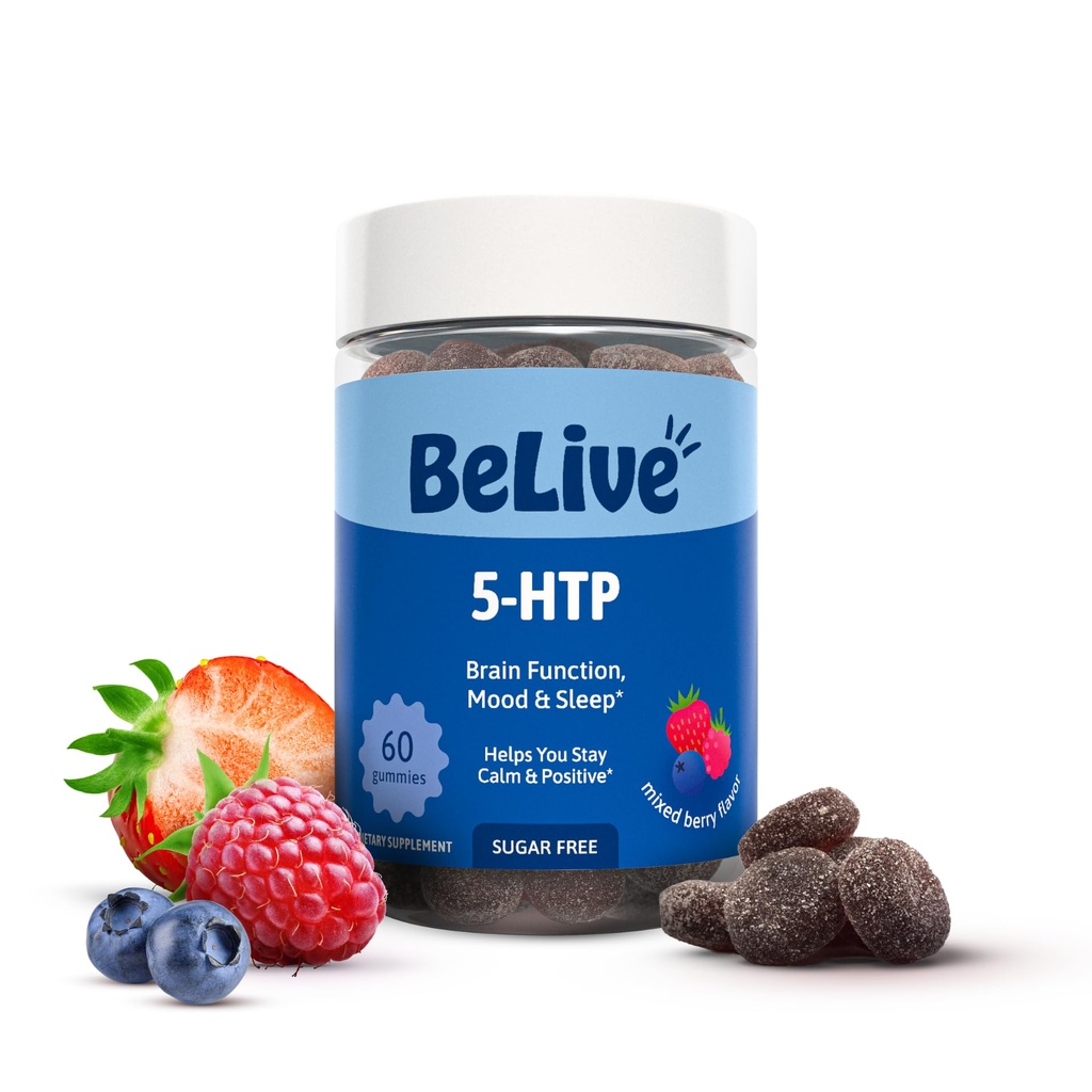 BeLive 5-HTP Gummies - 60 Ct I 5HTP Stress Relief Gummies för bättre sömn, ökad fokus, humör Booster & Stress Relief I Serotonin Booster för vuxna, Vegan 5 HTP Supplement - Mixed Berries Flavor