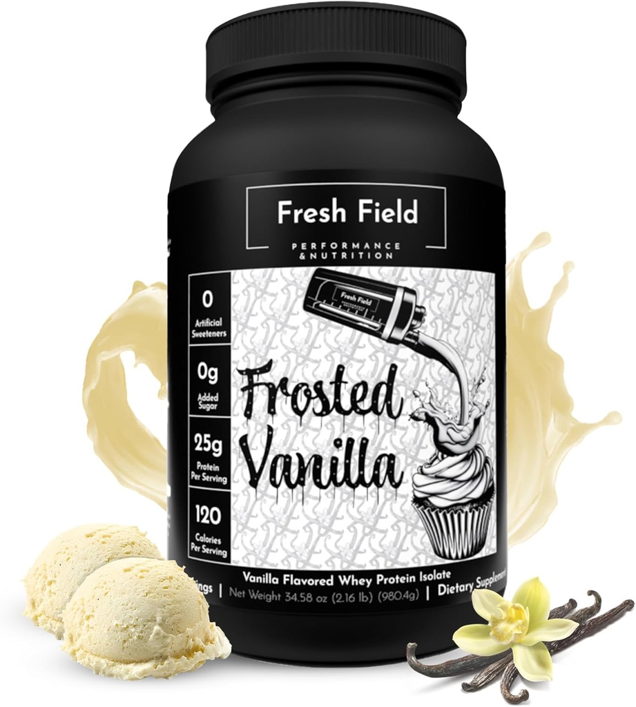 Fresh Field Vanilla Protein Powder - 25g Whey Protein Isolate, Gluten-Free & Soy-Free, Sugar-Free, 30 Servings - Natural Whey Protein Powder för träning Fitness & Nutrition Shakes - 2,16 lb