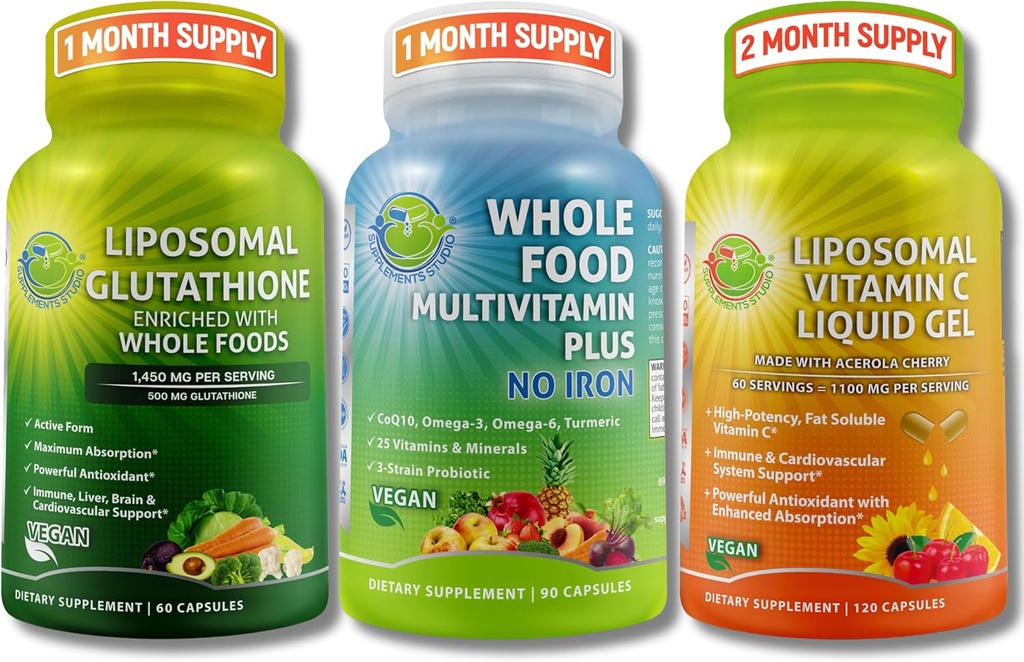 Daily Immune, Antioxidant & Energy Support Bundle - Liposomal Glutathione 500mg med Whole Foods + Liposomal Vitamin C 1100mg Liquid Gel + Vegan Whole Food Multivitamin utan järn