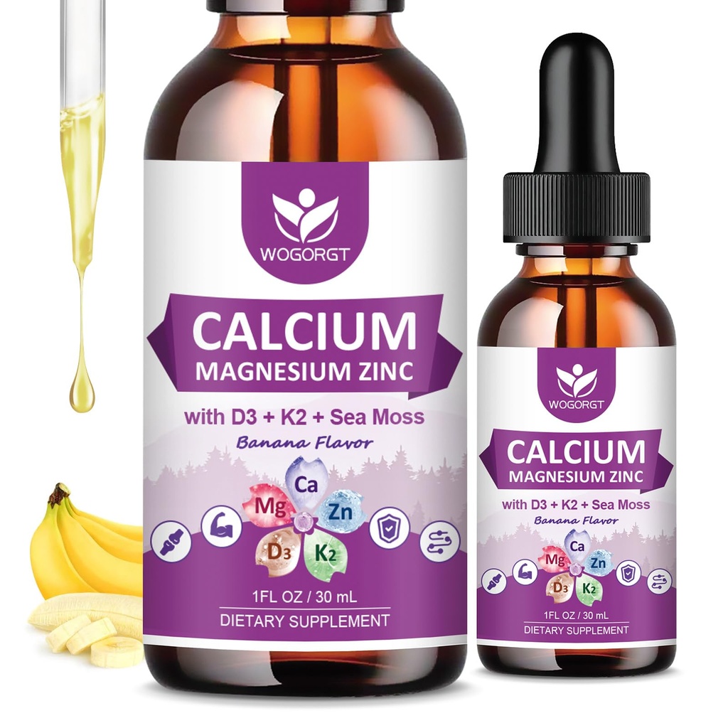Calcium Citrate 1000mg med vitamin D3 för kvinnor och män - Liquid Calcium Magnesium Zink D3 K2 Supplement för ben, tänder stöd, sockerfri, Vegan, Banana Flavor - 1 Fl Oz (2 Pack)
