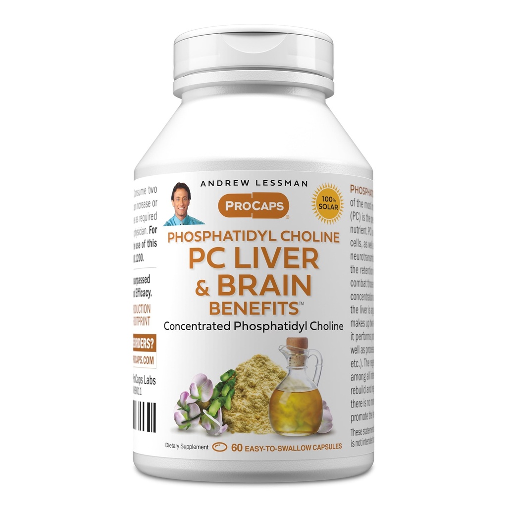 ANDREW LESSMAN PC Liver och hjärnfördelar 60 Softgels - Phosphatidyl Choline, viktigaste byggblock för hälsosam lever och hjärnstruktur, funktion. Inga tillsatser. Lätt att svälja mjukglar