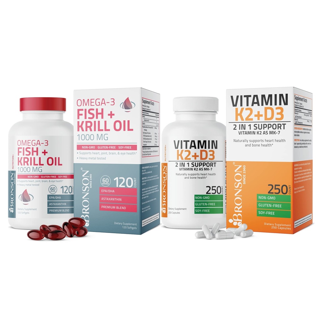 Bronson Vitamin K2 (MK7) med D3 Supplement Omega-3 Fish + Krill Oil 1000 MG