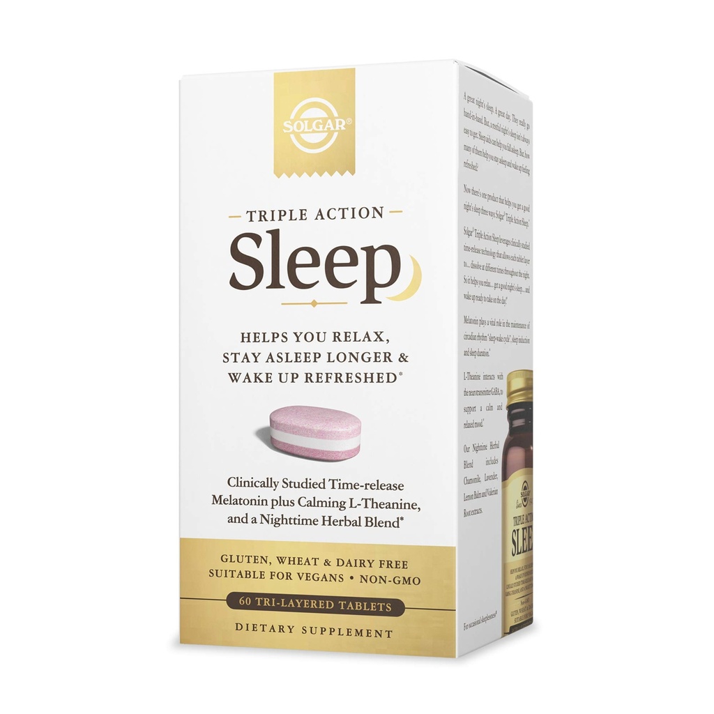 Solgar Triple Action Sleep, 60 Tri-Layer Tablets - Time-Release Melatonin & L-Theanine Plus Herbal Blend - hjälper dig att slappna av, somna snabbt och sova längre - Icke-GMO, Gluten Free - 60 portioner