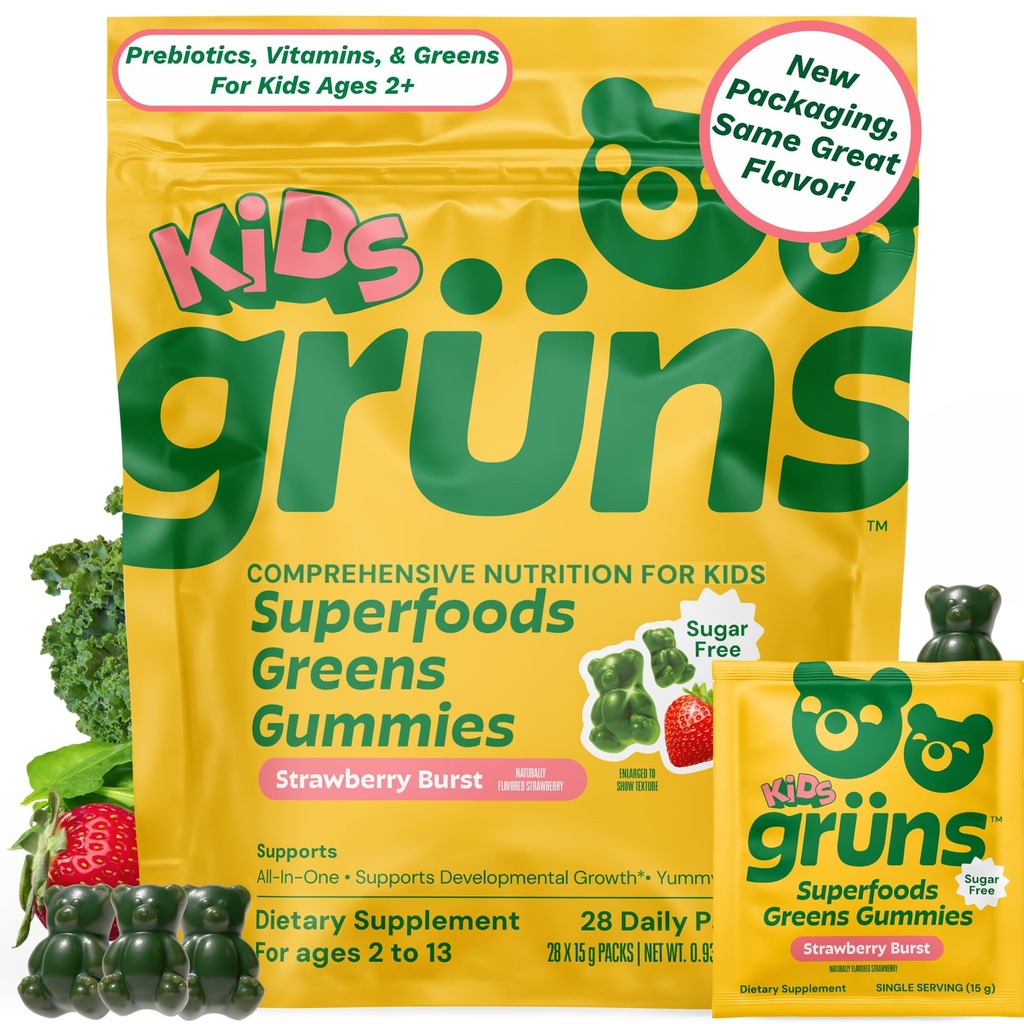 Gruns Kids Vitaminer, Super Greens Gummies, Sugar-Free Superfood Gummy Björnar Med Spirulina, Chlorella, Prebiotika Fiber för Digestive Health, Adaptogens Supplement, 20 Vitaminer & Minerals, 28 dagars Pack
