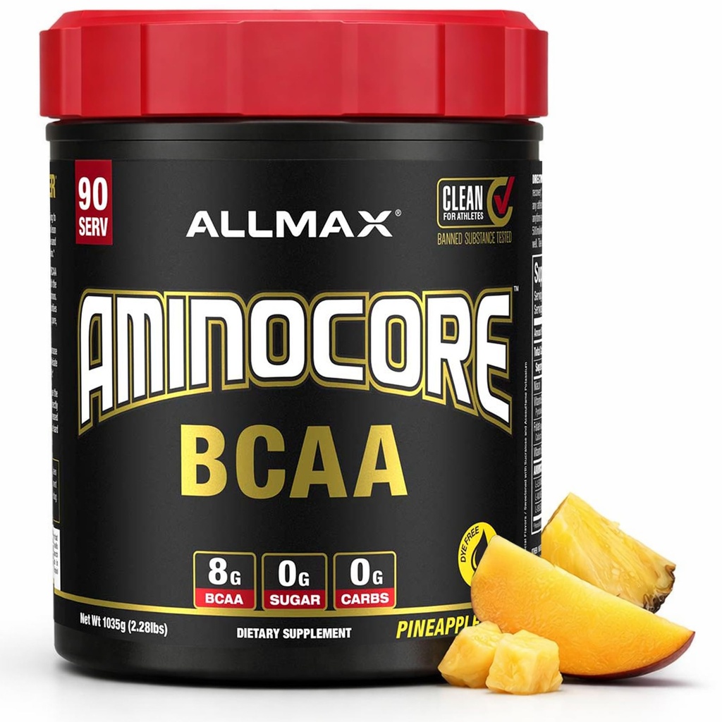 ALLMAX Nutrition AMINOCORE BCAA, Pineapple Mango - 945 g Powder - 8,18 Grams of Branched Chain Amin Acids Per Servering - med B Vitaminer - Inga fillers eller Non-BCAA Aminos - Sugar Free - 90 portioner