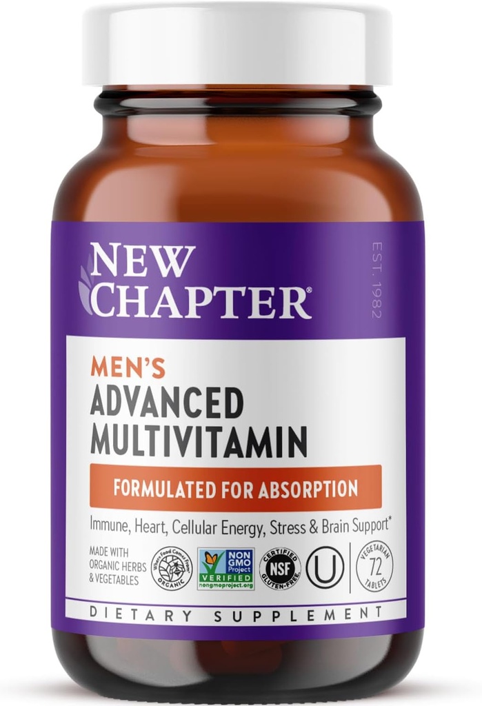 Nya kapitel Mäns Multivitamin Avancerad Formel för Stress, Hjärna, Immune, Hjärt & Energi Stöd, Högre Nivåer Av Helmatade Fermenterade Väsentliga Näringsämnen För Män + Selen + B Vitaminer, 72 ct