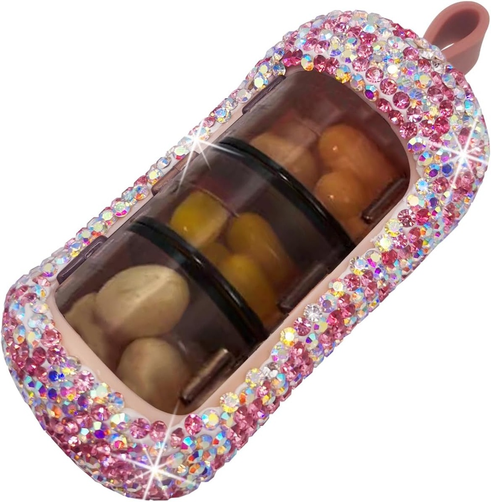 Bling Pill Organizer - Söt och kompakt Pill Box för handväska - Snygg Pill Case med gnistrande design - Travel-Friendly Medicine Holder -Slide in / Out Design Pill Organizer (Pink)